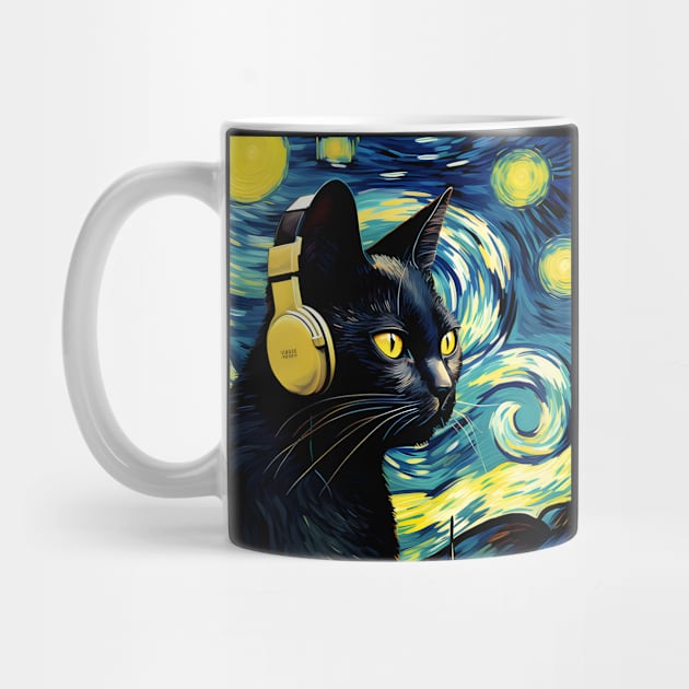 Starry Night Black Cat Wearing Headphones by VisionDesigner